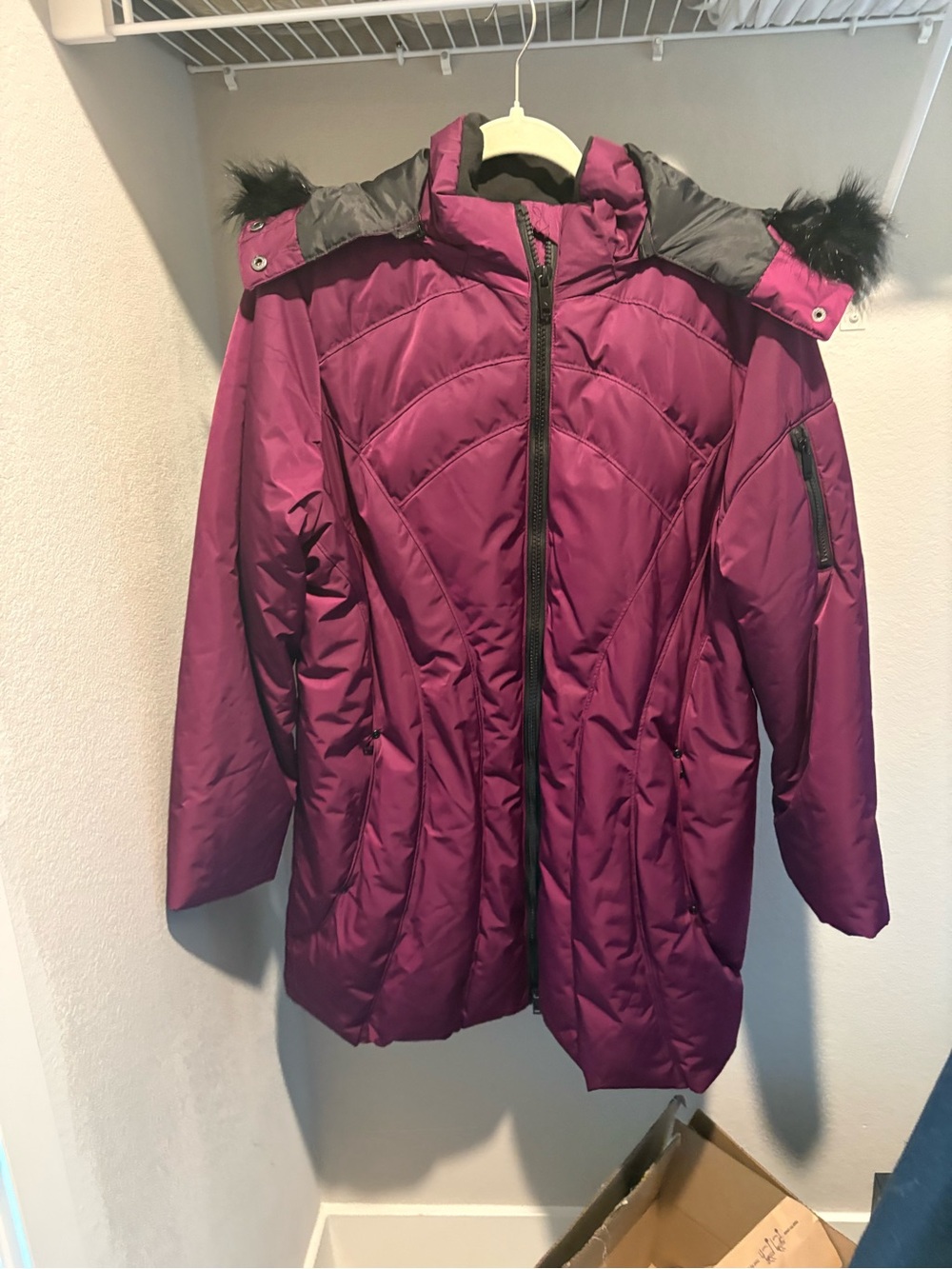 Monroe & Main Girls' Deep Plum Hooded Puffer Coat with Faux Fur Trim
